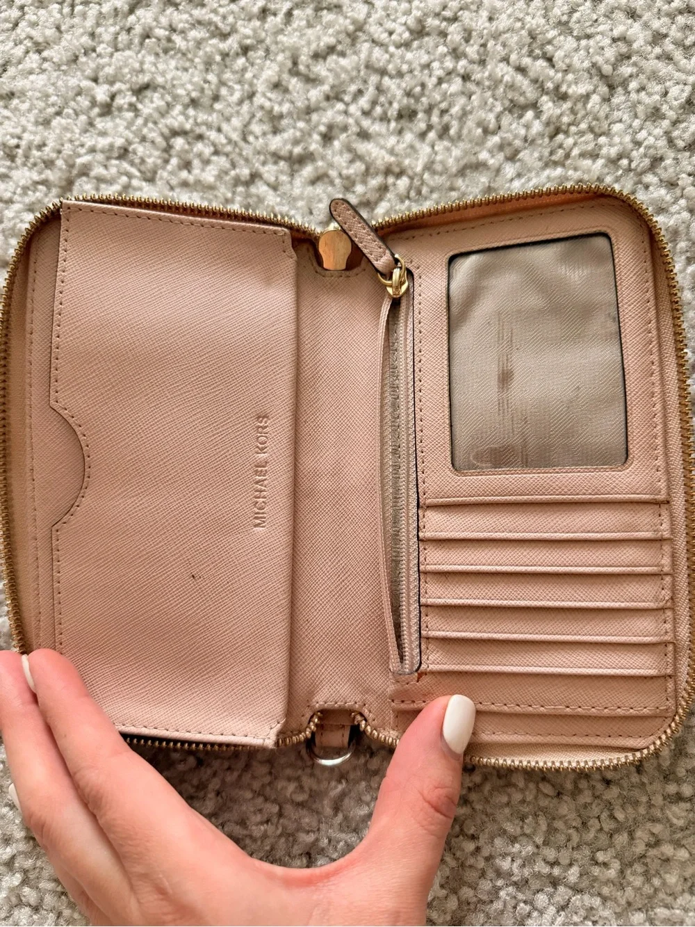 Michael Kors Pink Zip-Around Saffiano Card Wallet with Gold Logo
